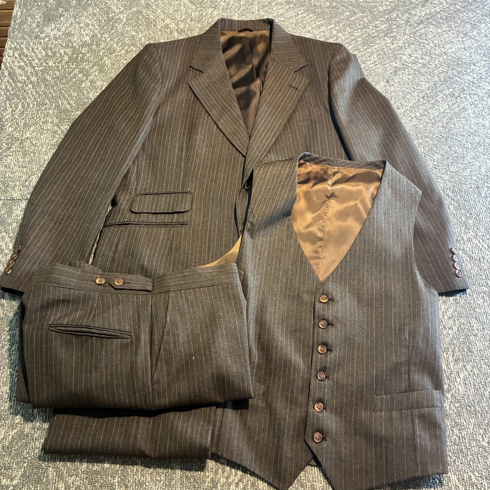 Vintage Sears Kings Road 3pc Pinstripe Suit Jacket Vest Pants Men's 43R